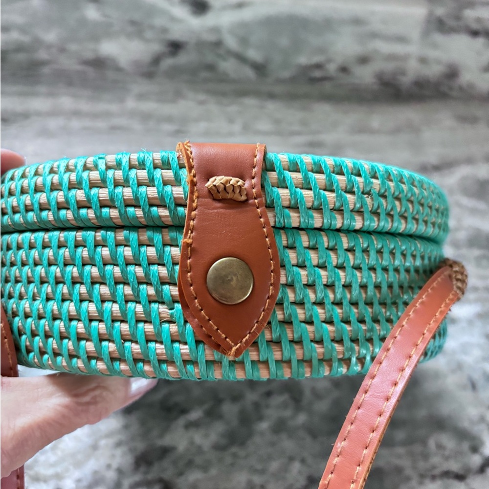 CARLA 8” RATTAN BAG | TURQUOISE REAL RATTAN BAG MADE IN BALI - Picture 6 of 6